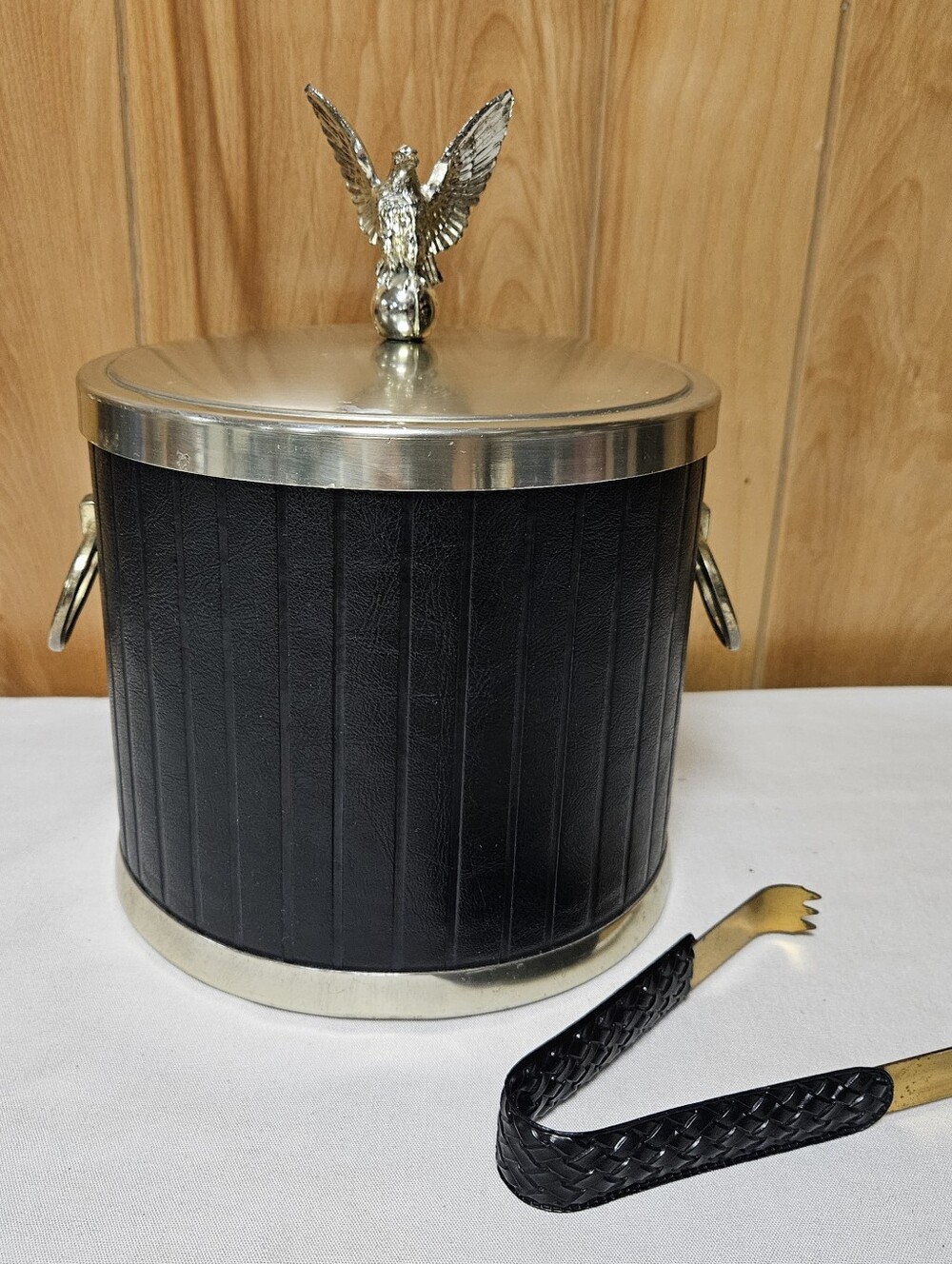Vintage MCM Kraftware NYC Eagle Ice Bucket Black Vinyl Silver Tone Metal